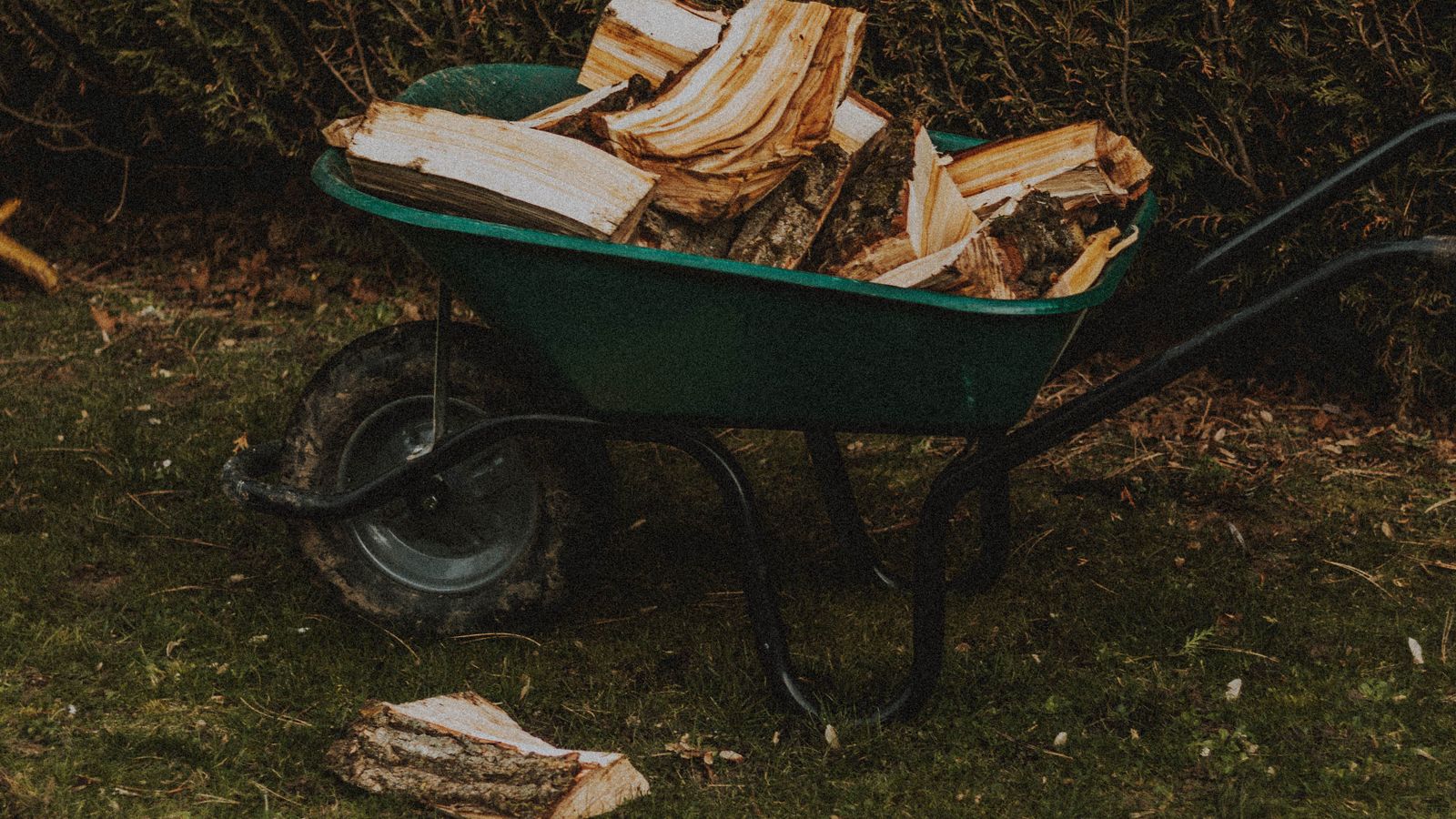 Schubkarre mit Holz und Astschnitt vor einer Hecke im herbstlichen Garten